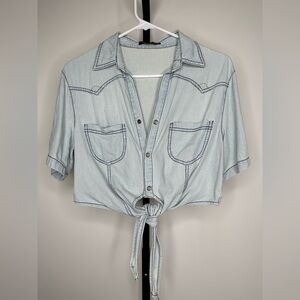 LF Millau Women Tie Front Denim Button Down Crop Top Shirt - S